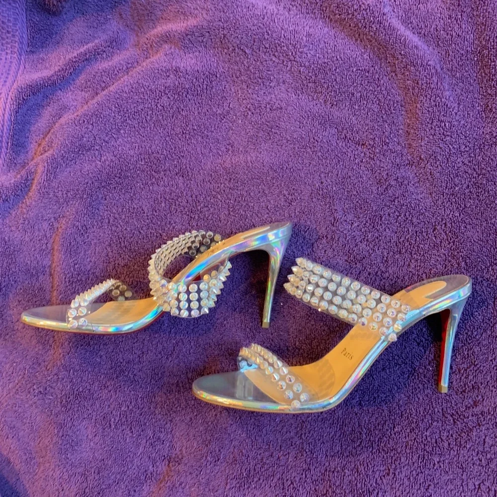 NWOB Christian Louboutin PVC/Silver Studded Slide Sandals sz 39
